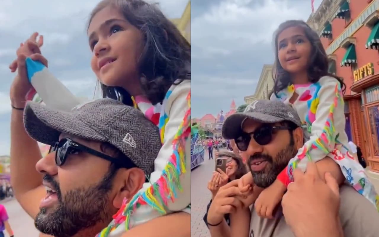 VIDEO: बेटी को कंधे पर बिठाकर विदेश की सैर करा रहे हैं रोहित शर्मा, देखें वायरल वीडियो