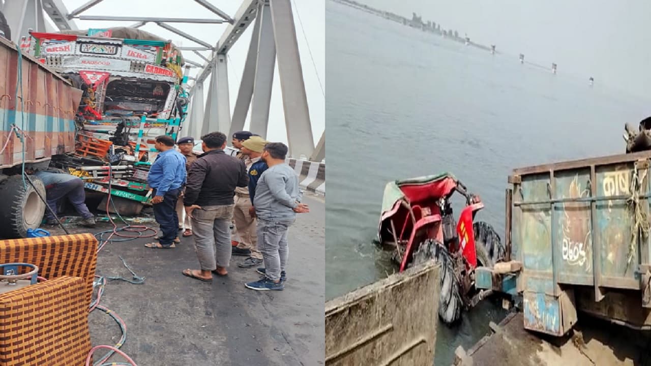 पटना के गांधी सेतु पर ड्राइवर को नींद आने से 2 ट्रकों की टक्कर,नदी में ट्रैक्टर तो पानी भरे गड्ढे में कार पलटी