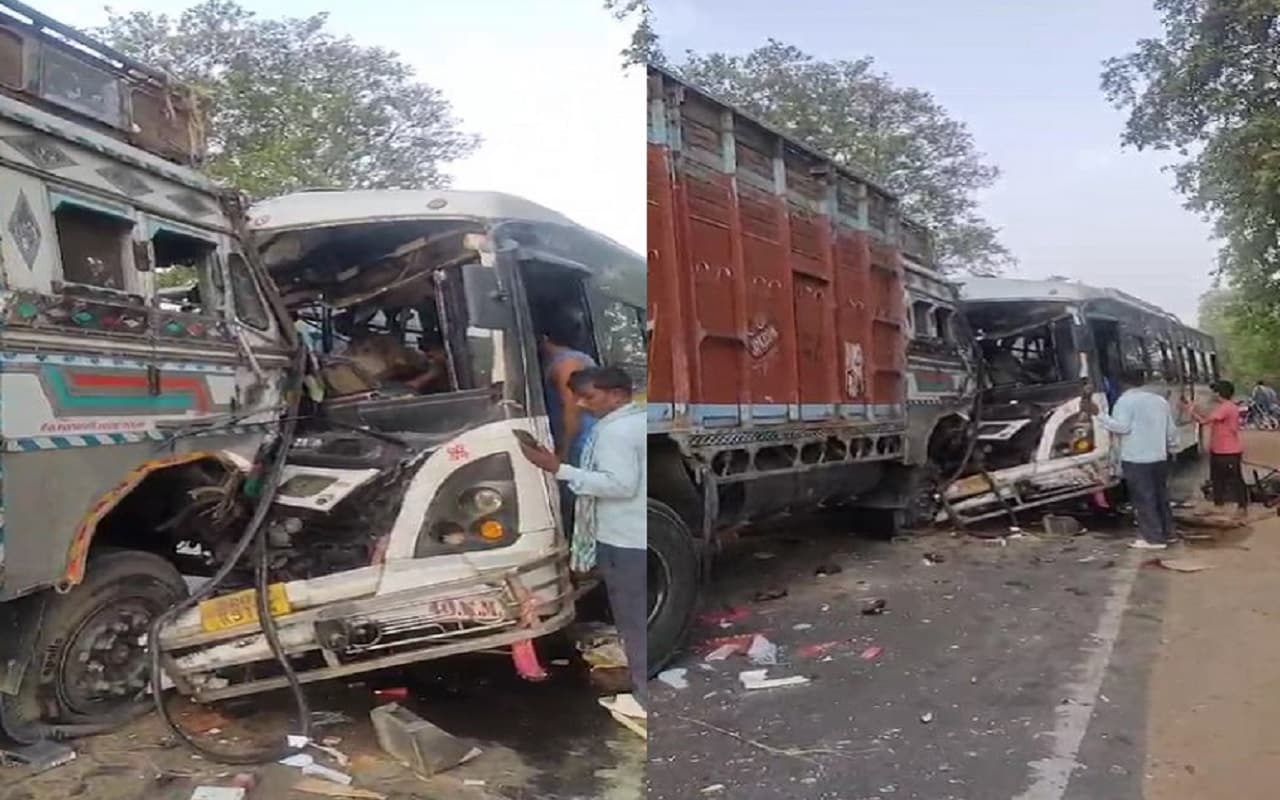 पटना के बिक्रम में ट्रक से टक्कर के बाद बस के परखच्चे उड़े, चालक की दर्दनाक मौत, दर्जन भर यात्री जख्मी