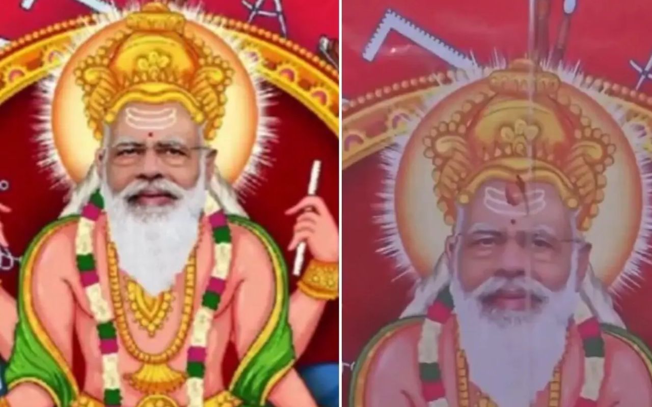 BJP कार्यकर्ताओं ने भगवान विश्वकर्मा के रूप में पीएम मोदी की तस्वीर बनाकर की पूजा, दुधाभिषेक कर गाई आरती