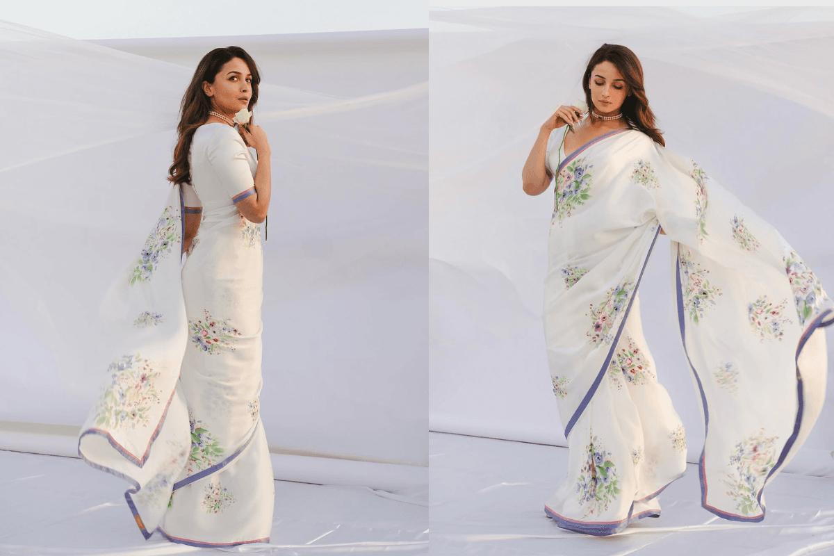 Alia Bhatt Floral Print White Saree look: आलिया भट्ट का फ्लोरल प्रिंटेड व्हाइट साड़ी लुक- एलीगेंस और सिंप्लिसिटी का परफेक्ट मेल