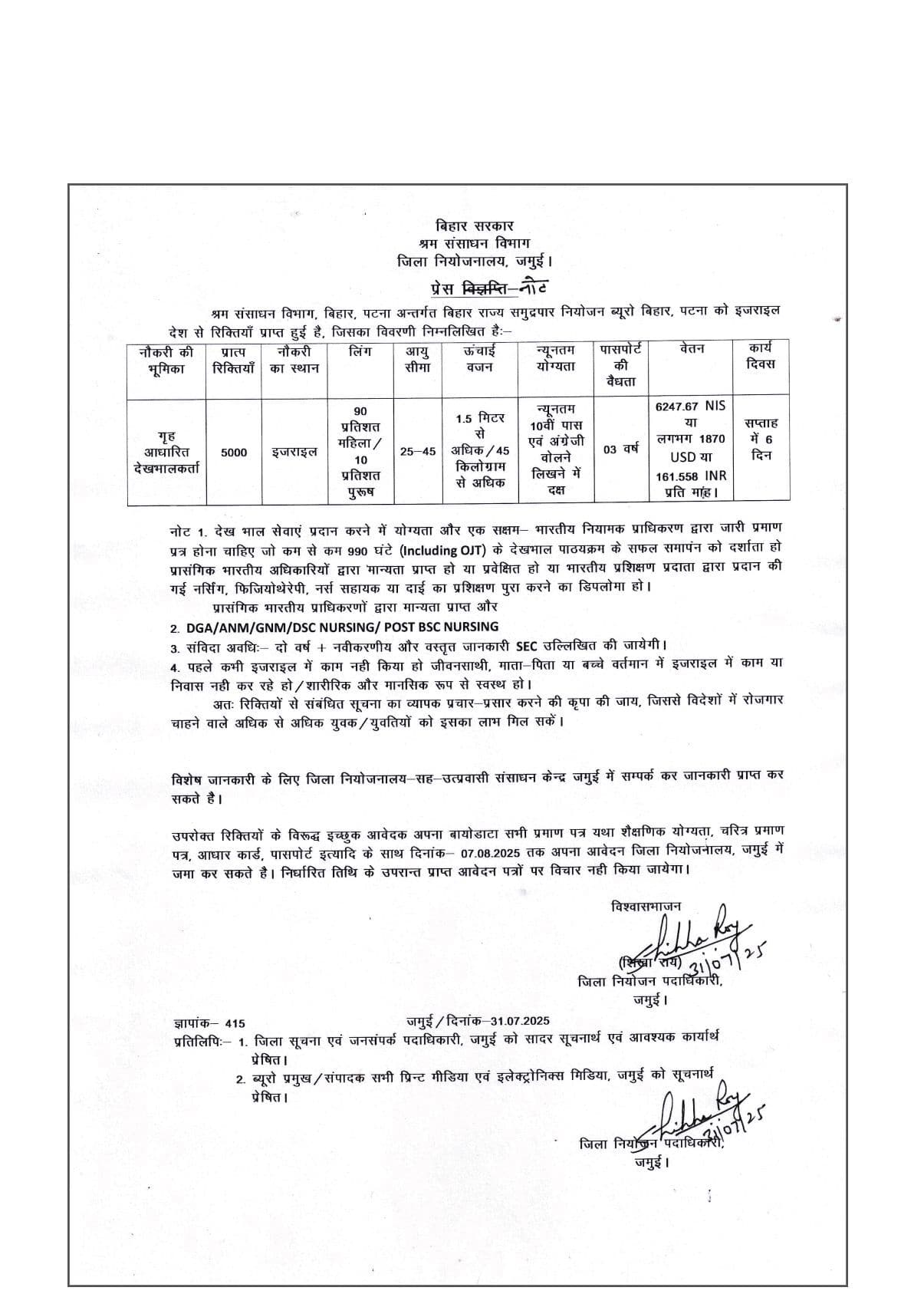 इजराइल देश में गृह देखभाल कर्मी के रूप में नौकरी का सुनहरा मौका, सात अगस्त तक कर सकते हैं आवेदन