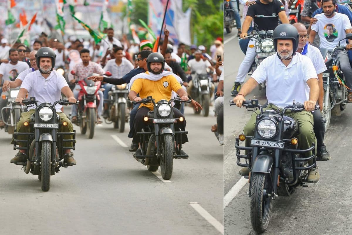 Voter Adhikar Yatra: जीप छोड़ बिहार की बुलेट पर चढ़े राहुल, बिना हेलमेट पीछे बैठे प्रदेश अध्यक्ष राजेश राम