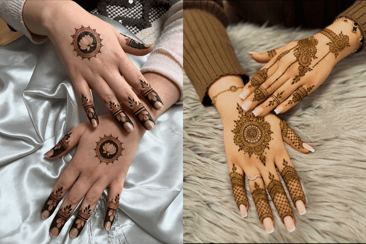 Minimalist center mehndi design featuring a floral mandala in the middle of the palm with finger patterns