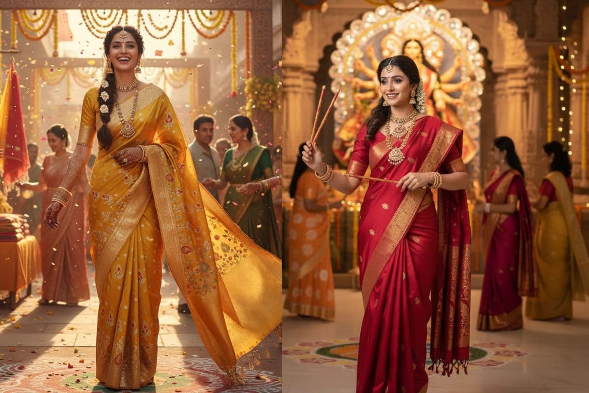 Navratri Saree Design Ideas: नवरात्रि में हर दिन अलग रंग की साड़ी पहनकर पाएं बेस्ट लुक, नौ दिनों के लिए स्टाइल आइडियाज