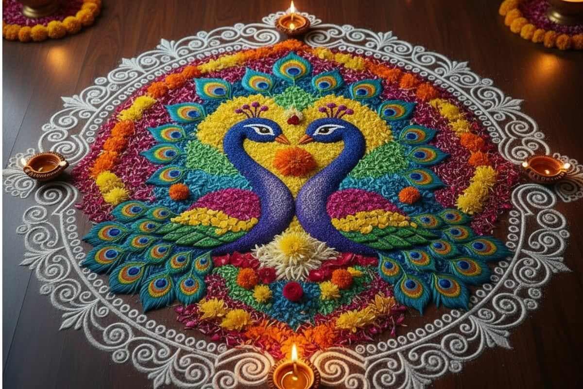 Peacock Rangoli Design for Diwali