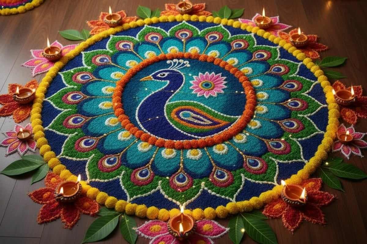 Peacock Rangoli Design for Diwali