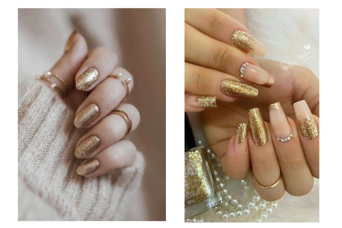 Golden Glitter Nail Art, Party Nail Design, Gold Nails Look