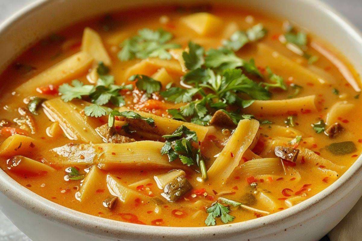 Traditional bamboo shoot curry tribal-style dish made with fresh bamboo shoots.