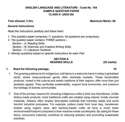 CBSE Board 10th English Sample Paper 2026