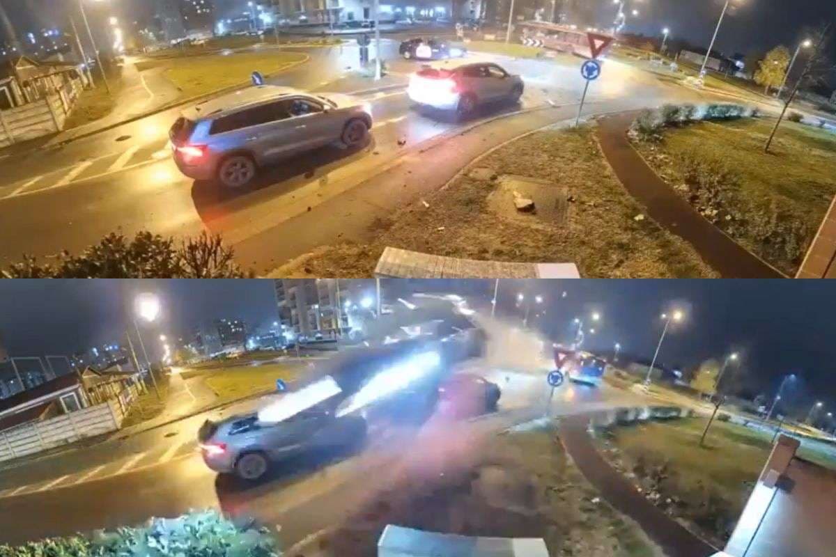 Car accident in Romania Mercedes flies over two cars.