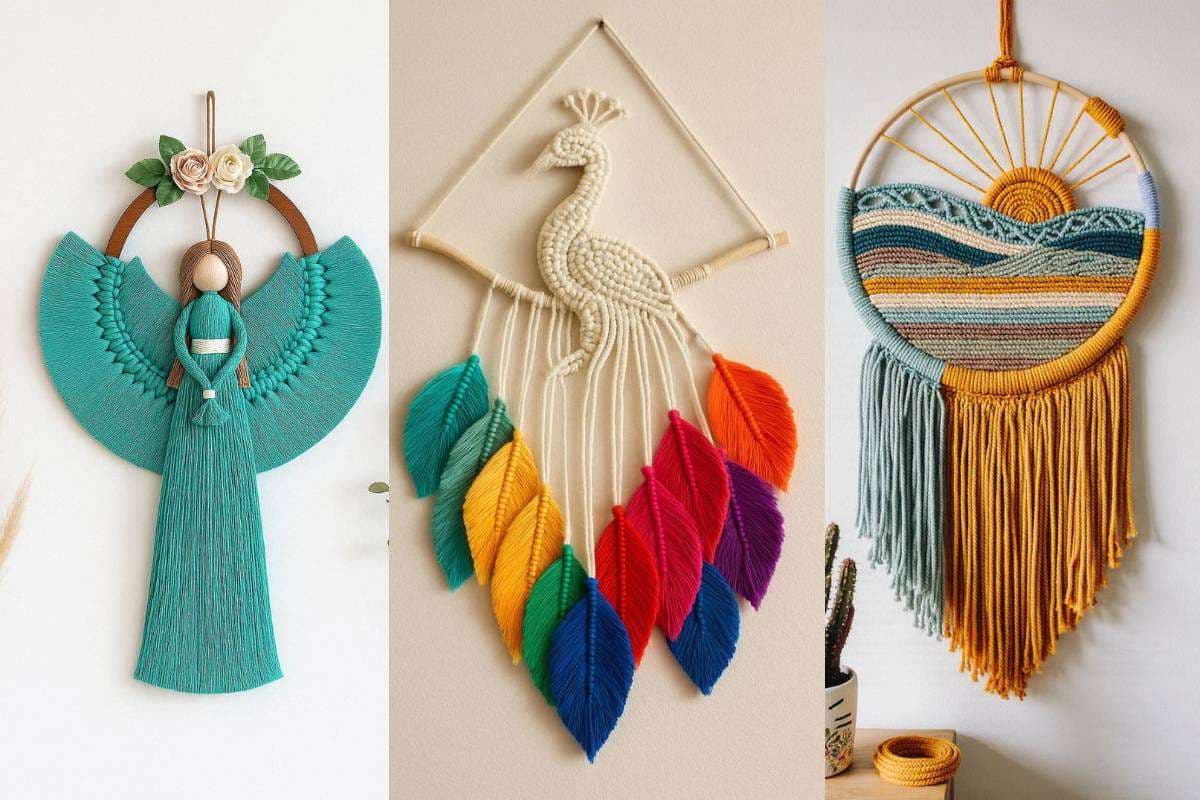 Eco-friendly macrame wall hanging design made with jute and cotton for living room decor.