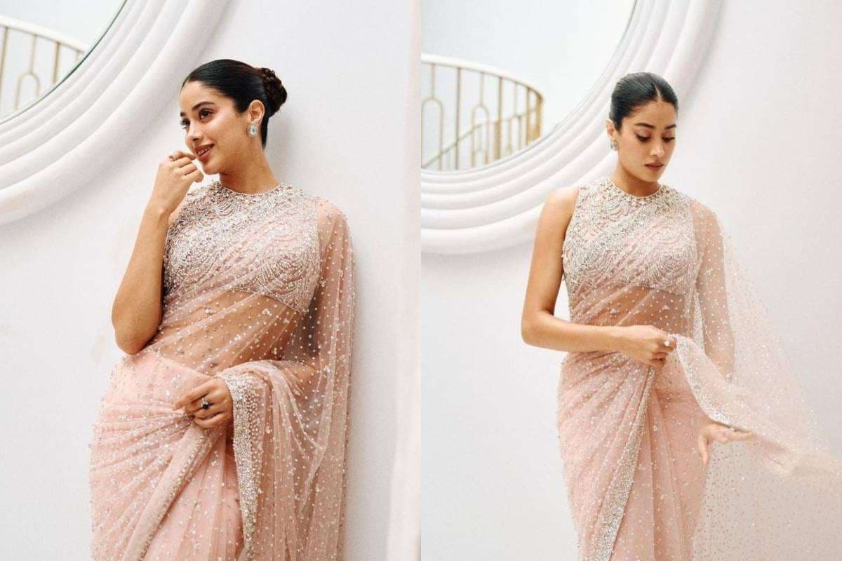 Necklace neck blouse design inspired by Janhvi Kapoor with statement neckline