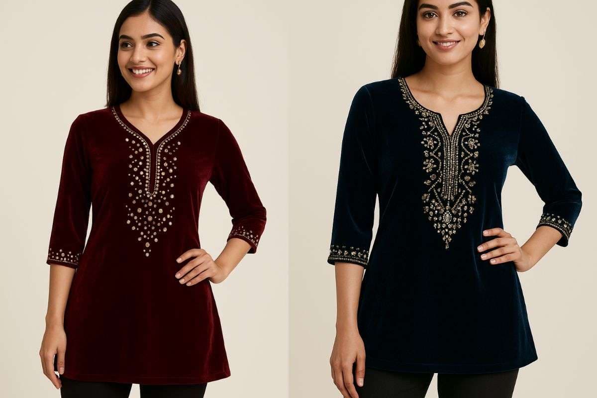 Stone Work Velvet Short Kurti 