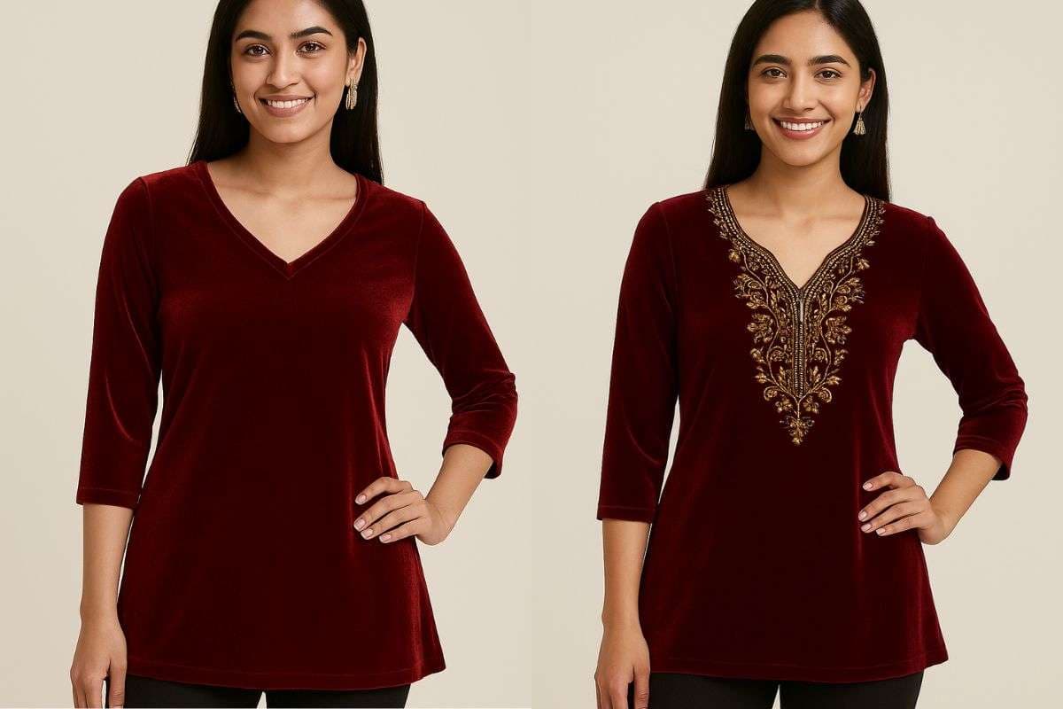 V-Neck Velvet Short Kurti