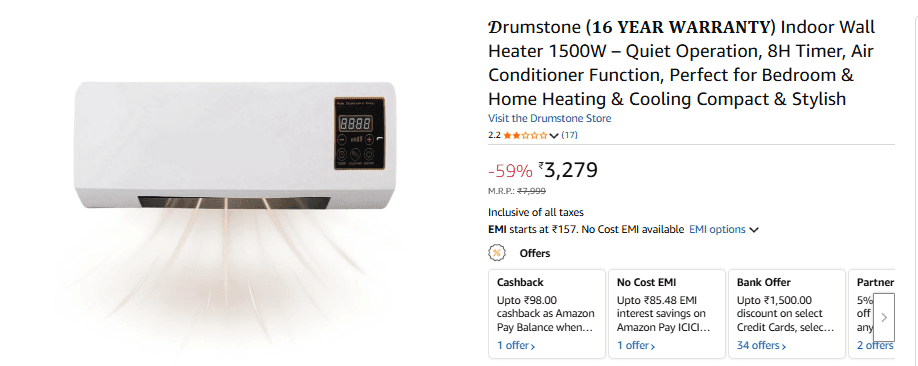 Drumstone वॉल रूम हीटर प्राइस 