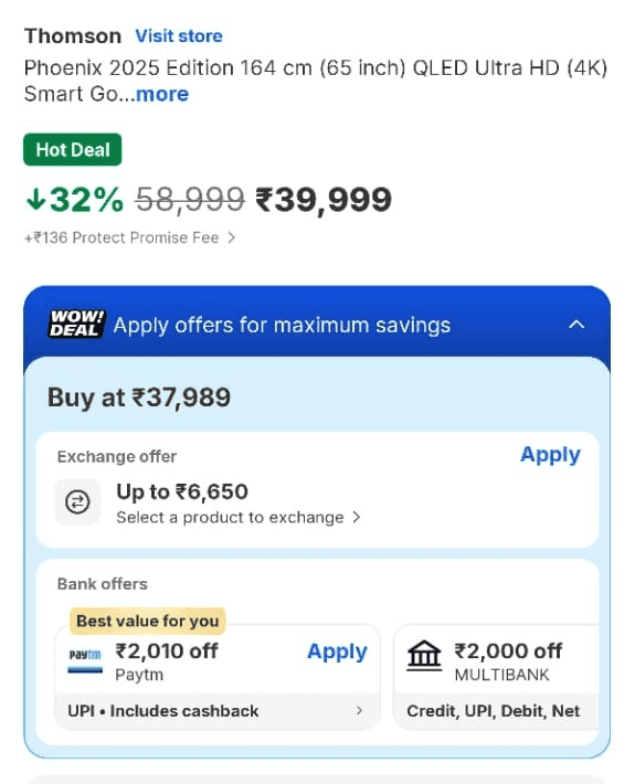 थॉमसन 65 इंच स्मार्ट टीवी प्राइस