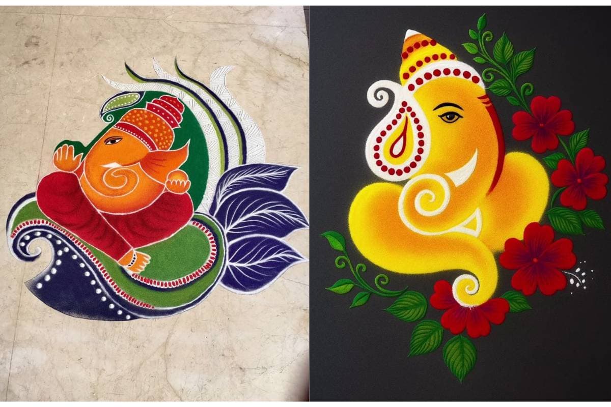 Lord Ganesha Rangoli Design for Basant Panchami, colorful Ganpati rangoli