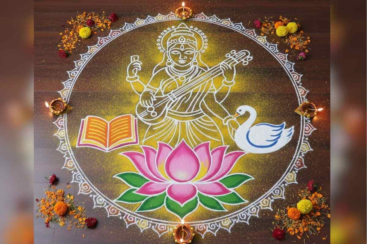 Maa Saraswati  Simple Rangoli Design 