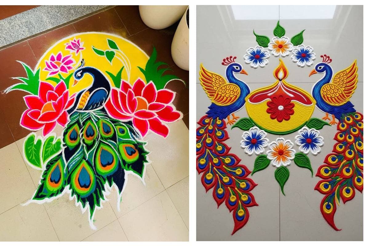 Peacock Rangoli Design for Vasant Panchami