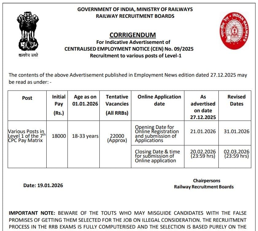 रेलवे ग्रुप D भर्ती नोटिस