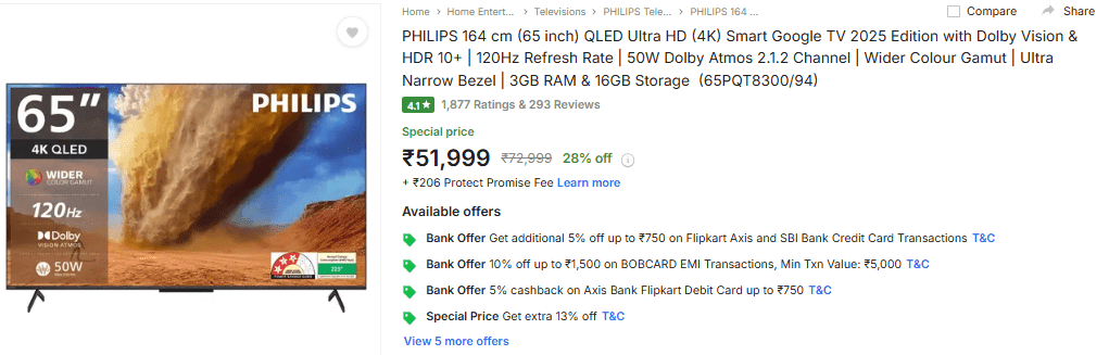 फिलिप्स 65 इंच स्मार्ट टीवी प्राइस 