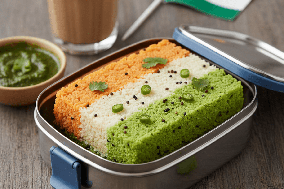 Soft and spongy 3-layered Tricolor Dhokla for breakfast