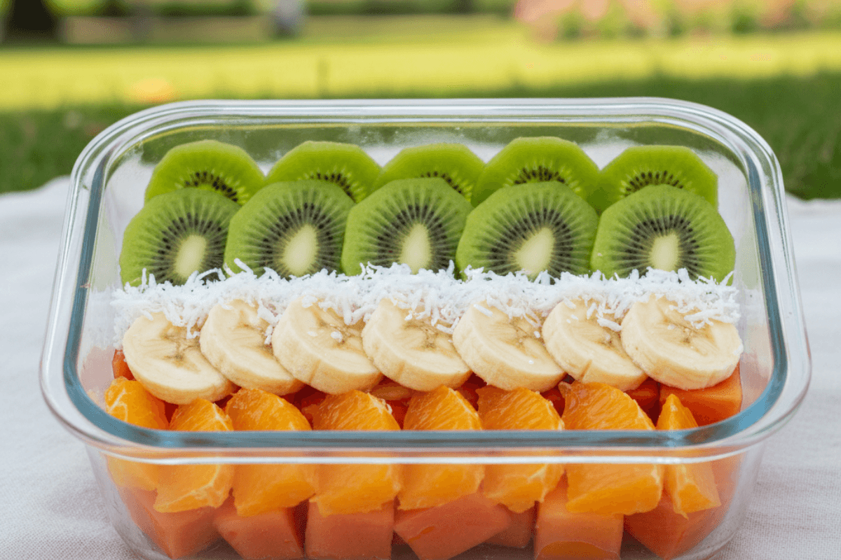 Saffron, White, and Green fruit salad arrangement for kids