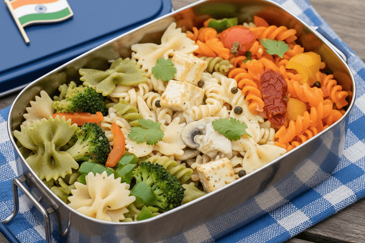 Healthy Tricolor Pasta Salad with broccoli and carrots