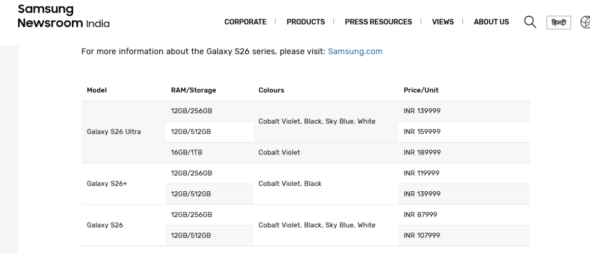 Galaxy S26 सीरीज के मॉडल्स की कीमत