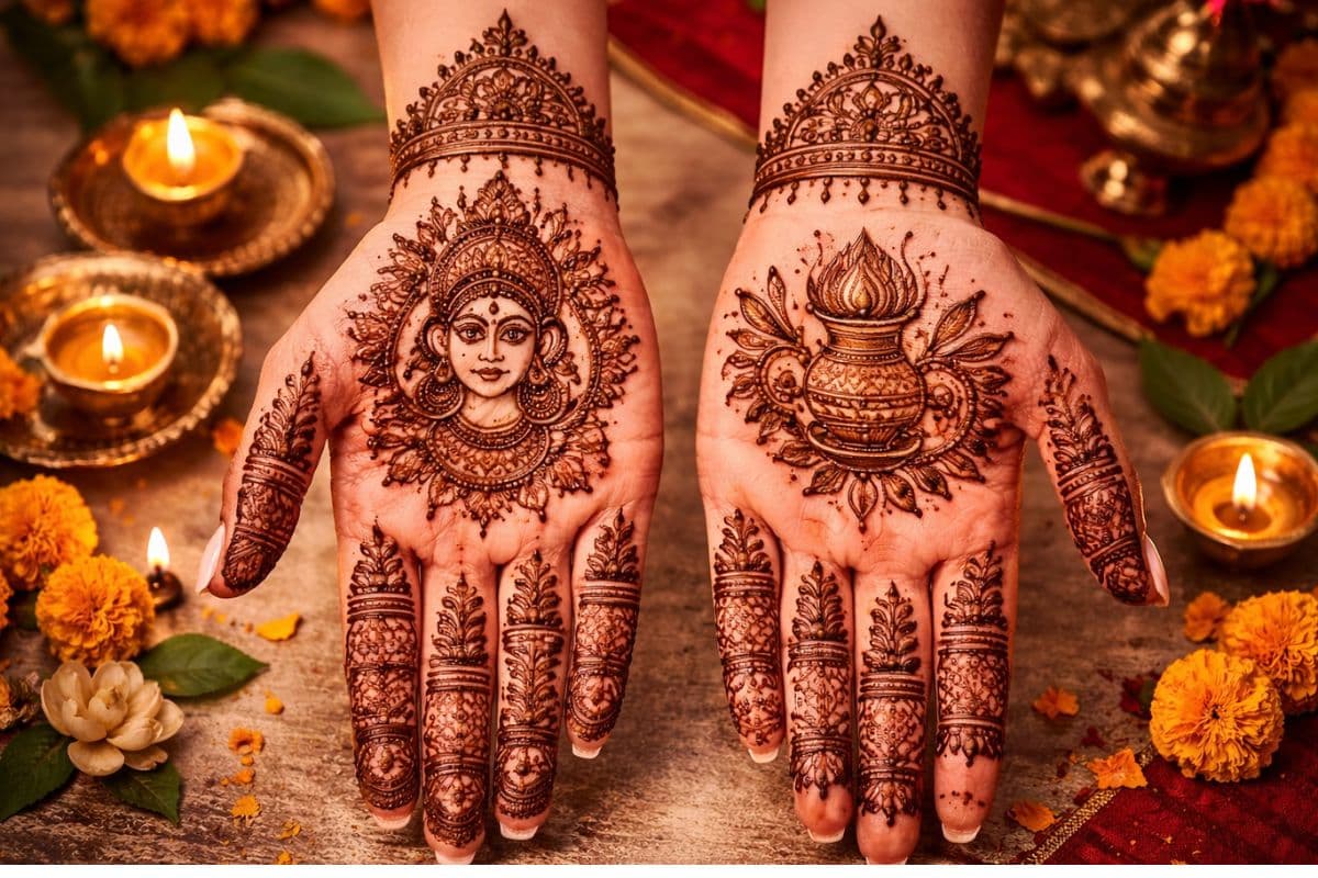 मां दुर्गा की तस्वीर और कलश वाली एआई मेहंदी डिजाइन 