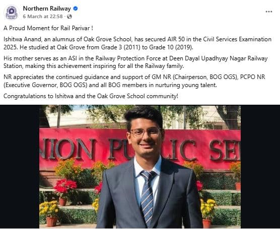 Northern Railway Post for Ishitwa Anand