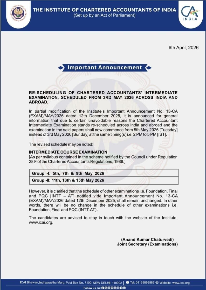 CA Inter Exam Notice