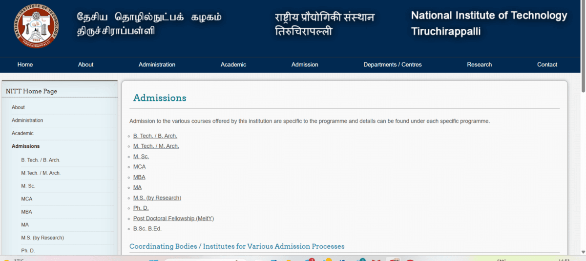 NIT त्रिची की वेबसाइट का स्क्रीनशॉट 
