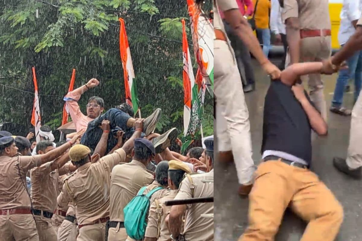 Video: पटना में भारी बारिश के बीच कांग्रेस का प्रदर्शन, नेता और कार्यकर्ताओं को पुलिस ने घसीटा, देखिए वीडियो