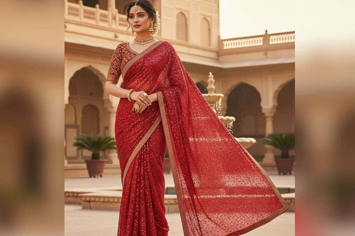 shimmer red saree