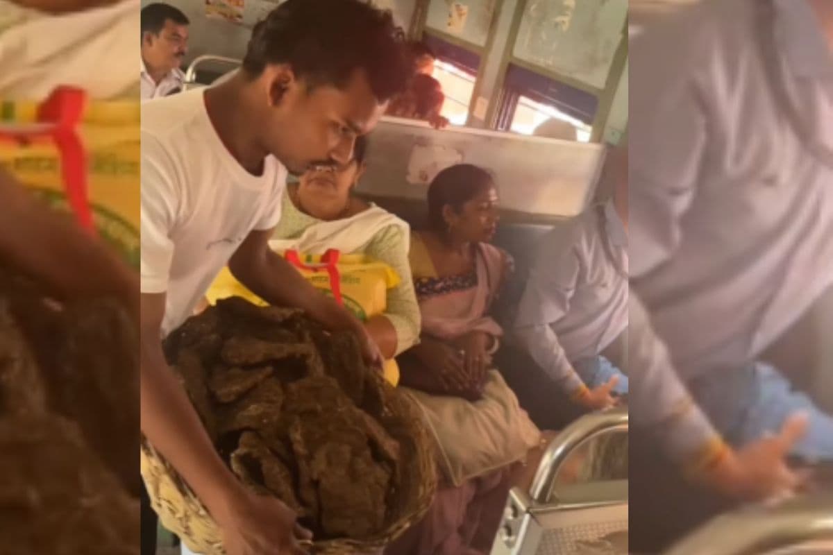 गोबर के उपले लेकर ट्रेन पर चढ़ गया शख्स, बेचने का अंदाज देखकर आ जाएगी हंसी, वीडियो वायरल
