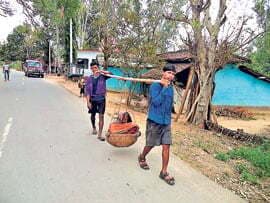 आधार कार्ड बनाने टोकरी में लाद कर लाया वृद्धा को