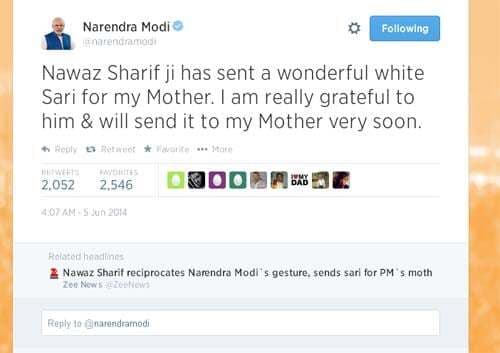 शरीफ ने मोदी की मां को तोहफे में भेजी साड़ी