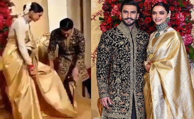 VIDEO: दीपिका पादुकोण के ''पल्‍लू'' को संवारकर रणवीर ने दी फ्लाइंग किस, फिर कह दी ये बात