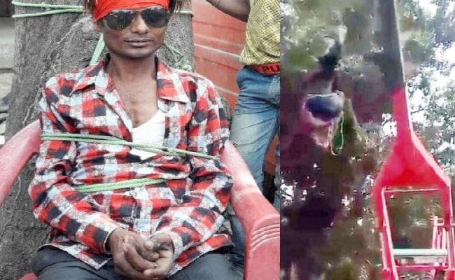 दरभंगा : मोबाइल चोरी के आरोपित युवक को जेसीबी में उल्टा लटकाया, कुर्सी में बांध कर पीटा