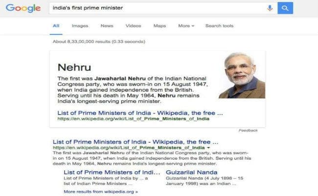 सर्च किया India''s first PM, तो गूगल ने दिखाया पीएम मोदी का फोटो !