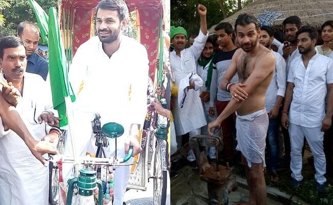 तेज प्रताप का फिल्मी अंदाज, रिक्शा चलाकर पहुंचे सत्तू खाने, चापाकल पर स्नान कर सुनीं जन समस्याएं