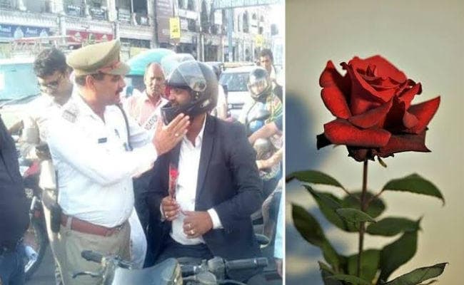 बिना हेलमेट के निकले लोगों को पुलिस ने गुलाब फूल देकर किया जागरूक