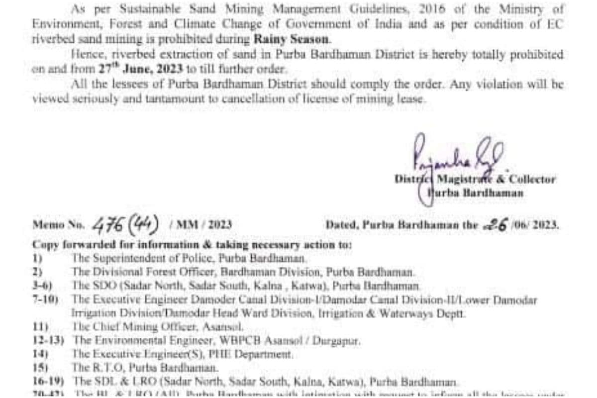 पूर्व बर्दवान : मॉनसून में नदियों से बालू के खनन पर लगी रोक