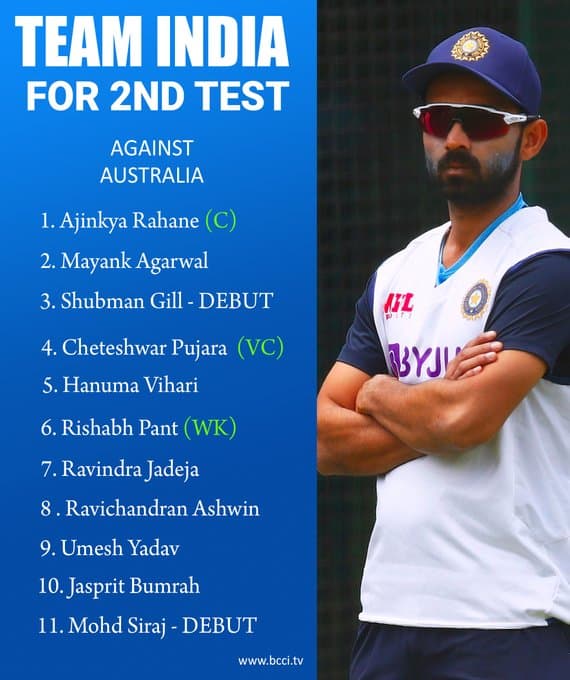 Australia vs India 2nd test : भारत ने की प्लेइंग इलेवन की घोषणा, जानें किसे मिली टीम में जगह कौन हुआ बाहर…