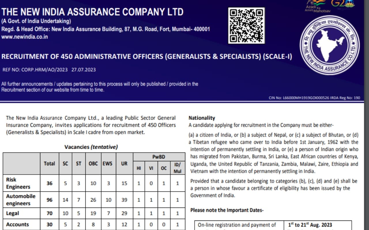 प्रशासनिक अधिकारी और स्पेशलिस्ट के 450 पदों के लिए 1 अगस्त से आवेदन करें, देखें नोटिफिकेशन