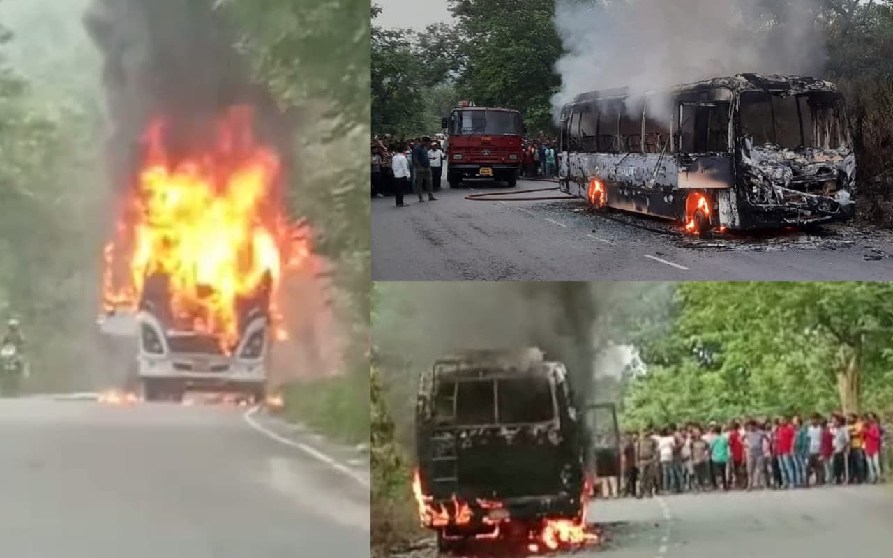 झारखंड : पूर्वी सिंहभूम के पटमदा में धू-धू कर जली बस, ड्राइवर की सूझबूझ से बाल-बाल बचे 30 यात्री