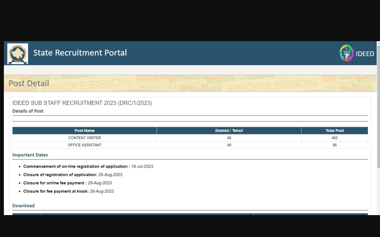 Rajasthan IDEED recruitment 2023: कंटेंट राइटर और ऑफिस असिस्टेंट की 548 रिक्तियों के लिए आवेदन करें