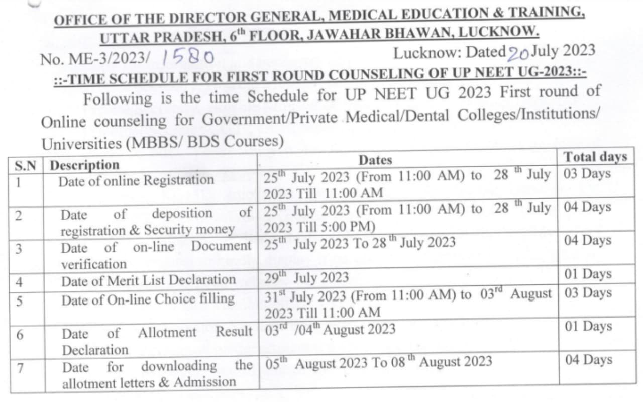 UP NEET UG 2023 काउंसलिंग शेड्यूल dgme.up.gov.in पर जारी, रजिस्ट्रेशन 25 जुलाई से